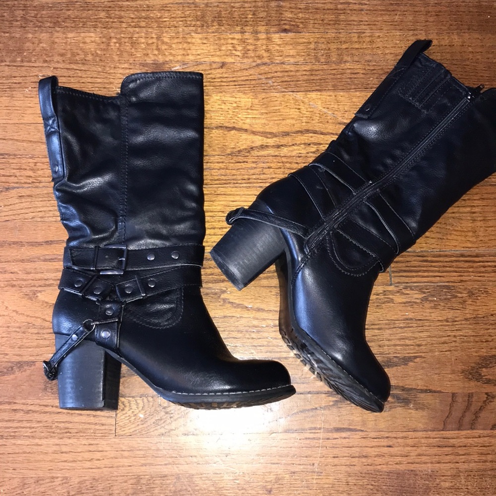 Black Leather Biker Boots, 7.5